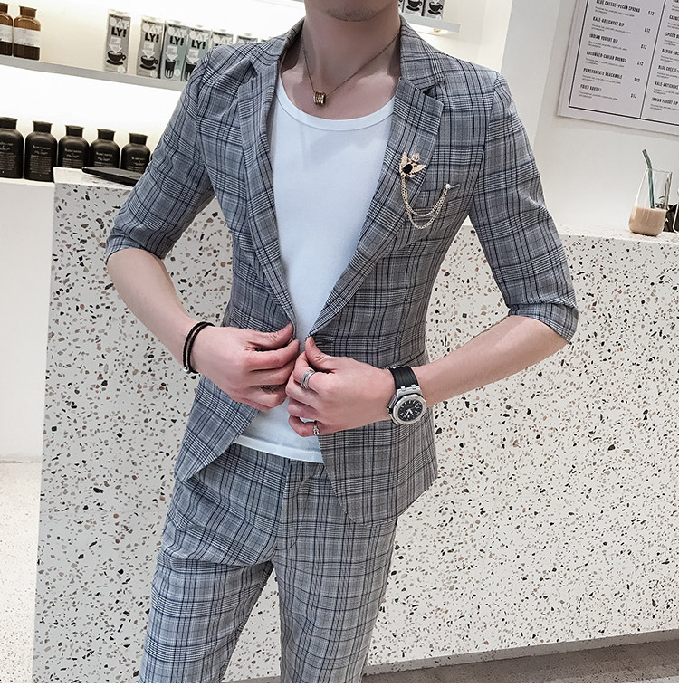 商务休闲修身格子绅士男款西服套装P140,男装西服套装,星座407-1