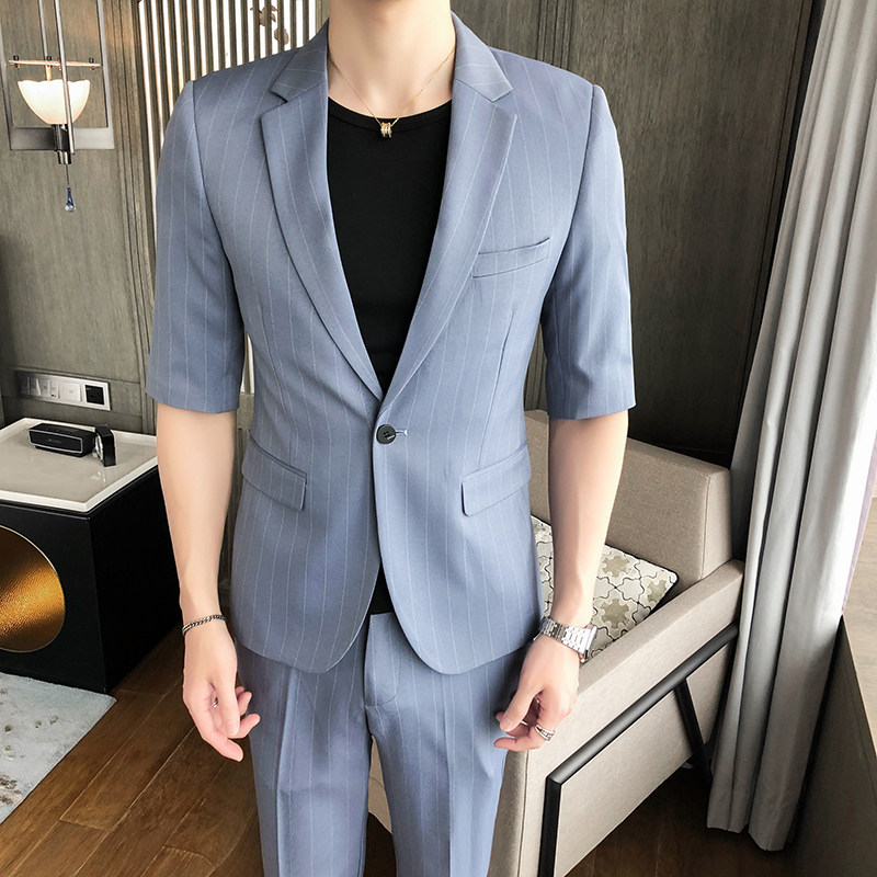 条纹七分袖西装套装夏季商务高级感男装英伦雅痞休闲西服外套P150,男装西服,星座407-1