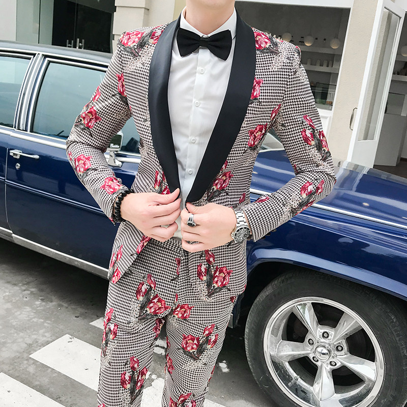 春季新款修身印花时尚长袖西服套装407-1/P180图片