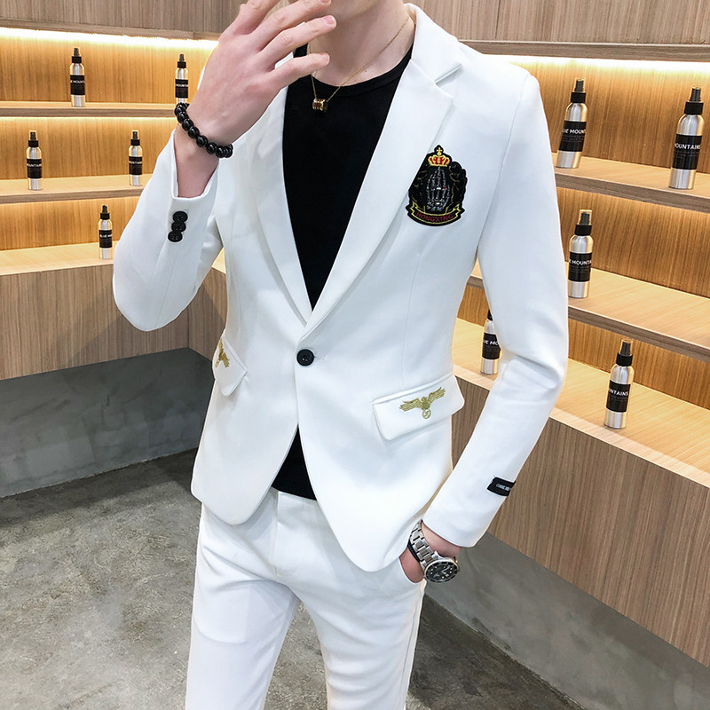 男士英伦风修身刺绣西服套装P155,男装西服套装,星座407-1