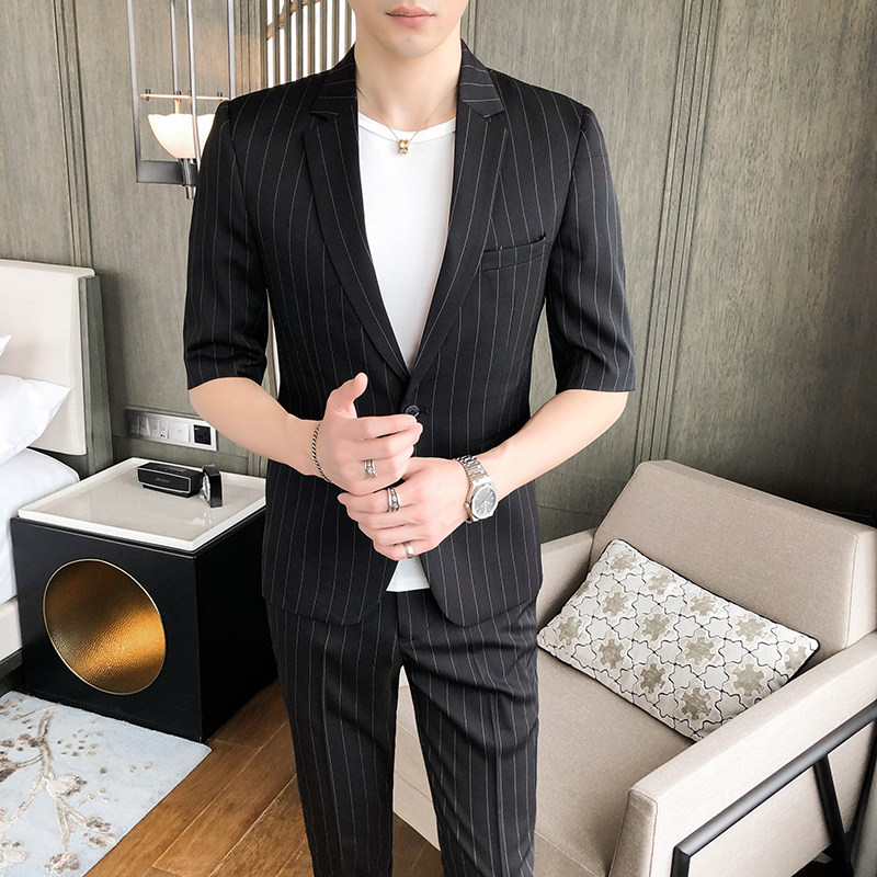 青年男士款细条纹中短袖西服套装P150,男装T恤,星座407-1