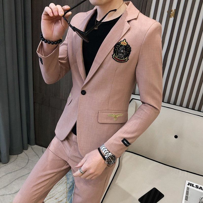 男士英伦风修身刺绣西服套装P155,男装西服套装,星座407-1