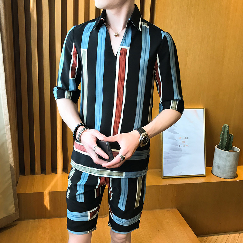 夏款短袖居家休闲日常条纹衬衫P80,男装T恤,星座407-1