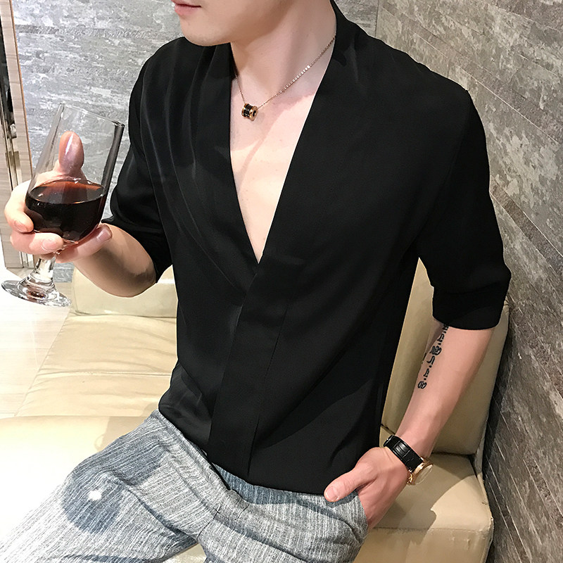 夏款薄款修身男士V领衬衫P50图片