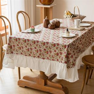 玫瑰花朵印花荷叶边台布餐桌布艺氛围文艺术复古加厚新品红色花团