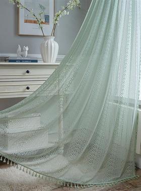 窗帘穿杆绿色钩针透光美式乡村镂空客厅阳台卧室免打孔飘窗文艺