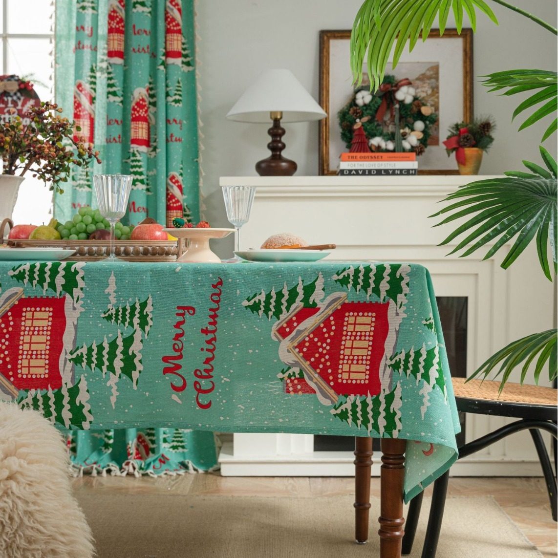 圣诞房子印花棉麻蓝色圣诞树节日餐桌布装饰厨房长方形美式气氛感