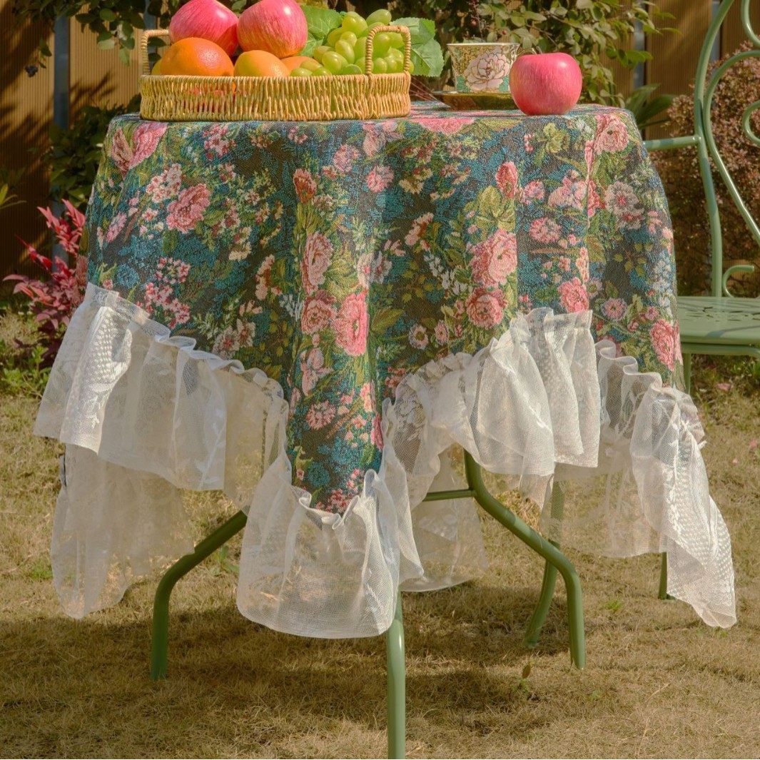 桌布提花绿色玫瑰油画植物户外台布蕾丝咖啡机盖巾牡丹镜面荷叶边