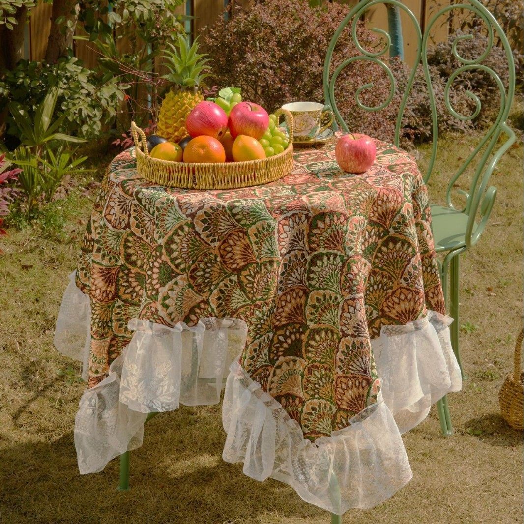 桌布提花撞色莫奈油画银杏户外台布蕾丝多用提绿线银杏镜面荷叶边,居家布艺,桌布,淘宝优惠券,粉丝福利购,淘宝优惠卷