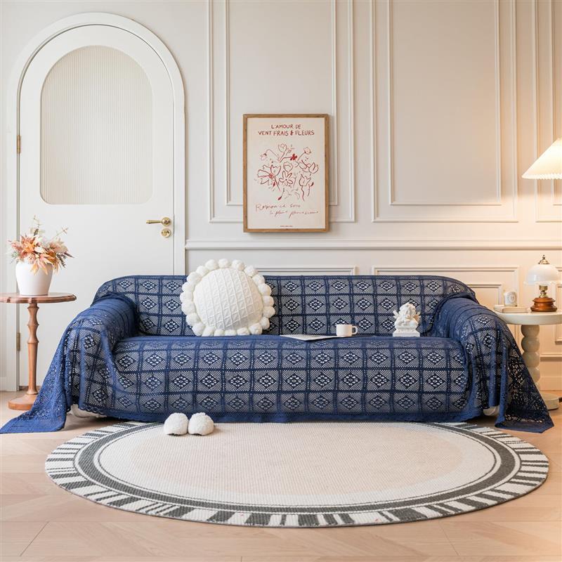 沙发巾超大盖巾文艺术蓝色复古镂空棉线编制沙发盖藏青色方格钩针