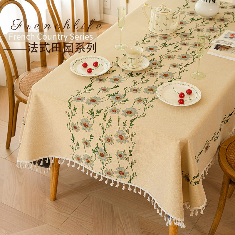 高级刺绣田园小清新桌布棉麻法式田园台布高级感轻奢金枝彩花蓝花
