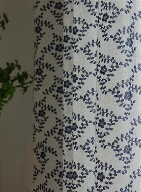 免打孔穿杆花边窗帘青花瓷美式蓝色棉麻印花阳台飘窗台短帘咖啡帘