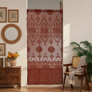 纱门帘简易氛围感法式蕾丝小窗户客厅玄关隔断窗帘缠枝菱锦纹酒红