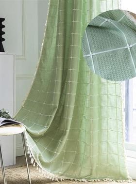 摩尔方格.绿色窗帘韩式文艺抹茶绿厨房客厅储物间免打孔透光飘帘