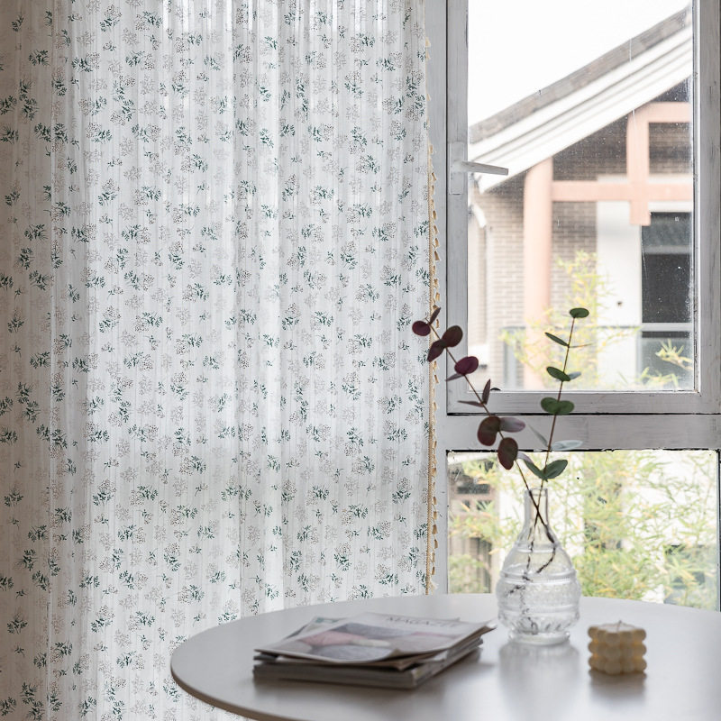 窗帘丁香花蕾丝镂空全棉印花流苏飘窗帘小窗户厨房阳台遮光帘