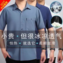 夏季中老年男士雪纺冰丝桑蚕丝加大码短袖免烫衬衣爸爸装薄款衬衫