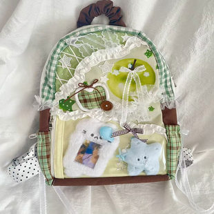 大容量背包格纹帆布包大学生上课书包青苹果双肩包痛包撞色拼接包