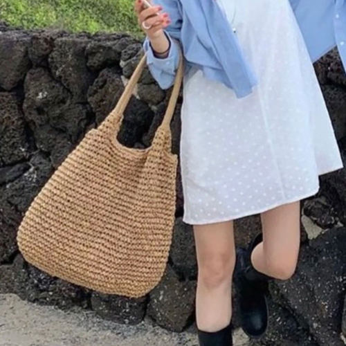 大容量单肩包度假草编包包女ins百搭慵懒风手提包通勤沙滩编织包
