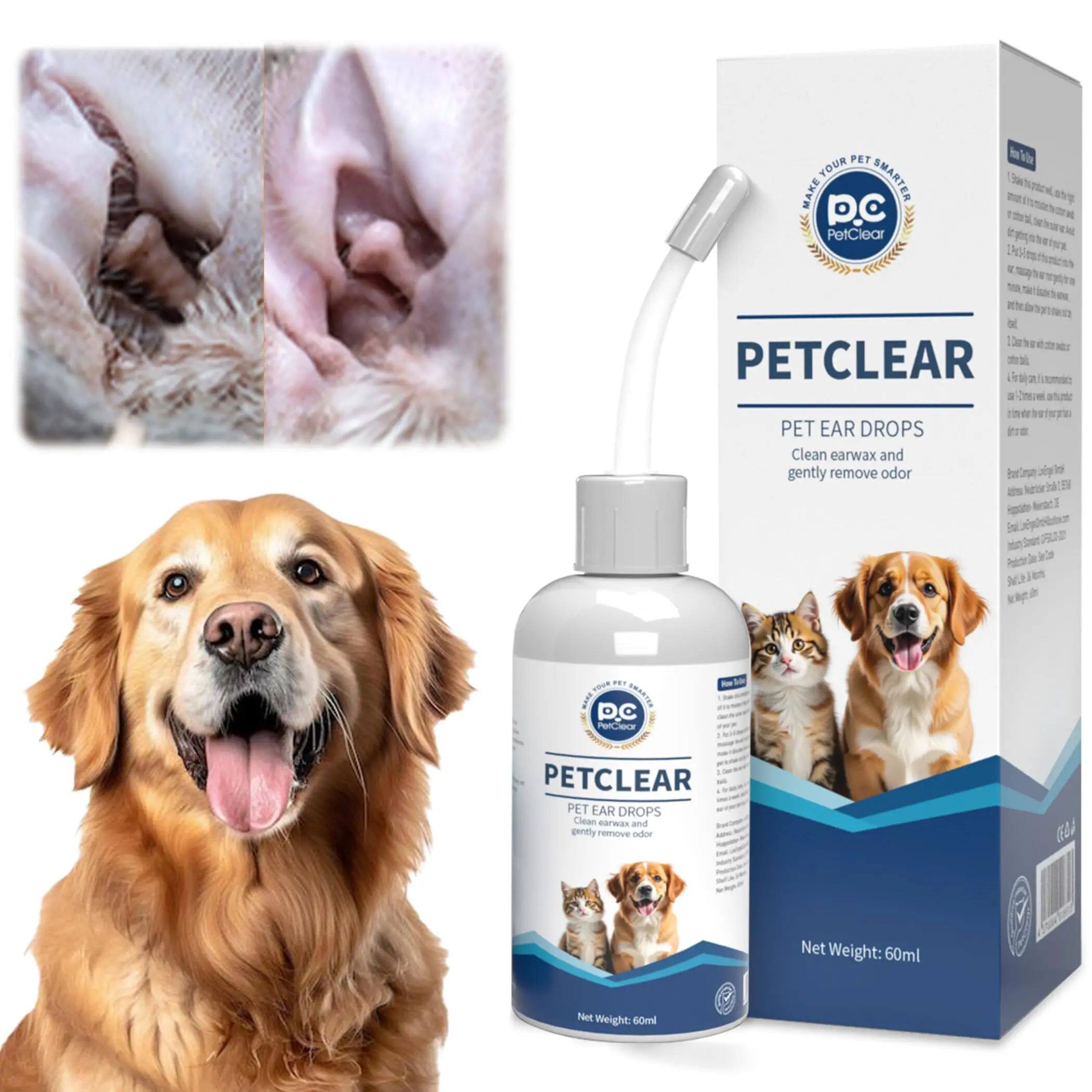 PetClear 60ml Natural Ear Drops - Dogs Cats Ear Care, Mite/W