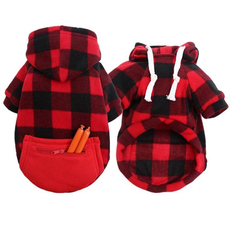 Winter Warm Dog Hoodie Pet Jacket Plaid Pocket Coat Cold Wea