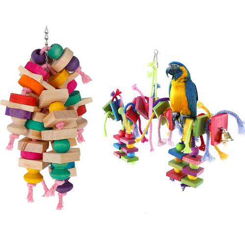 Wooden Parrot Toys Bird Cage Hanging Chewing Toys Multicolor