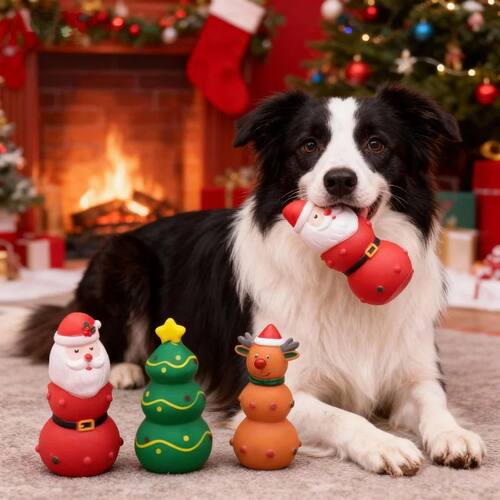 Christmas Durable Dog Chew Toy Tough Squeaky Teething Intera