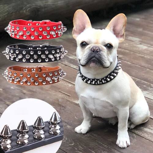 Leather Pet Dog collar Neck Strap Supplies PU Leather Punk R