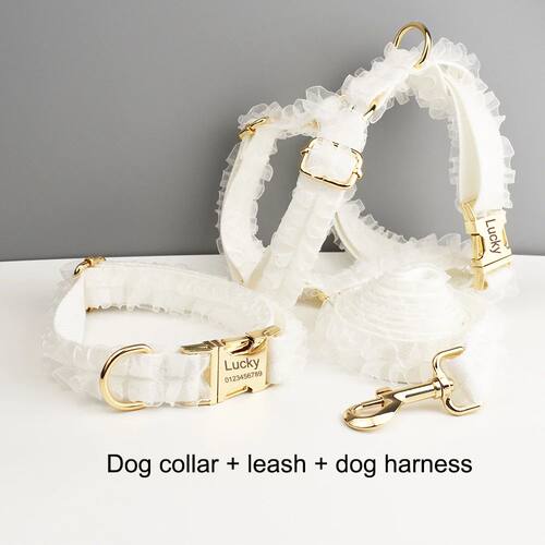 Engraved White Lace Dog Collar Personalized Pet Wedding Harn