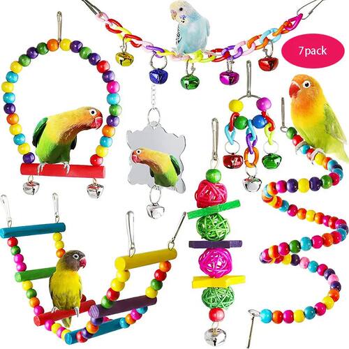 7PCS Bird Toy Wood Parrot Toys Set Cage Bird Accessories Swi