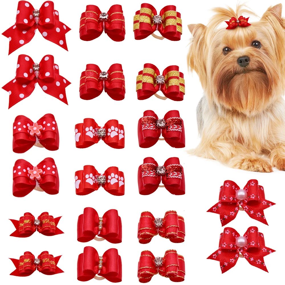 10pcs/lot Hand-made Small Hair Bows For Dog Rubber Band Cat
