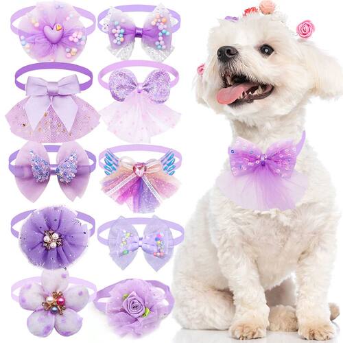 10pcs Pet Dog Bow Collar Dog Cat Bows Collar Lace Bling Neck