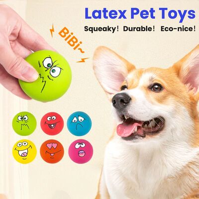 6PCS Latex Dog Squeaky Toys - Chewing Balls with Funny Faces