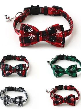 Christmas Bowknot Cat Small Dog Collar with Bell Plaid Snowf