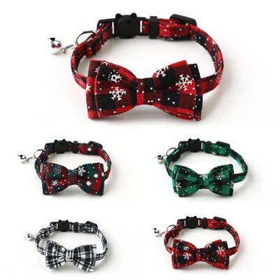 Christmas Bowknot Cat Small Dog Collar with Bell Plaid Snowf
