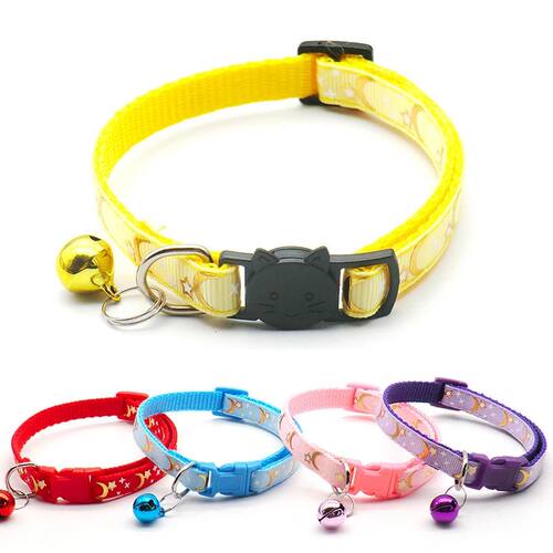 New Gold Stars and Moon Cat Collar with Reflective Safety Bu