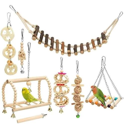 8PCS Set Combination Parrot Bird Toys Wood Articles Bite Pet