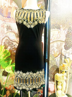 Adam Eve法国巴黎手工钉珠刺绣黑色连衣裙礼服 for