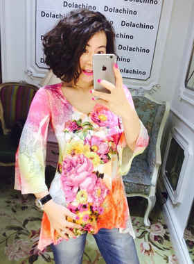 美国S12蔷薇玫瑰系列七分微喇叭袖短款