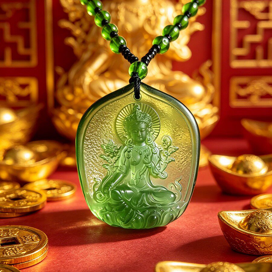 师傅财神归位古法琉璃绿度母菩萨佛像吊坠