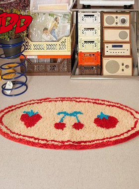 DDD韩风水果椭圆形小地毯复古植绒卧室床边毯浴室红色吸水地垫ins