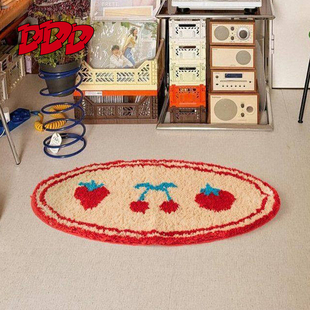 DDD韩风水果椭圆形小地毯复古植绒卧室床边毯浴室红色吸水地垫ins