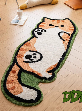 DDD 卡通猫咪儿童房地毯卧室植绒长条床边毯簇绒可爱小猫异形地垫