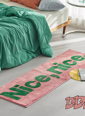 DDD美式潮流植绒浴室地毯卧室长条绿色床边毯客厅沙发粉色脚垫ins