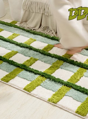 DDD 田园风客厅沙发植绒地毯卧室长条簇绒床边毯苔藓条纹绿色地垫