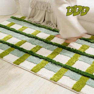 DDD 田园风客厅沙发植绒地毯卧室长条簇绒床边毯苔藓条纹绿色地垫