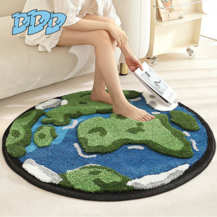 DDD植绒圆地毯卧室创意地球植绒儿童床边毯客厅圆型苔藓绿地垫ins