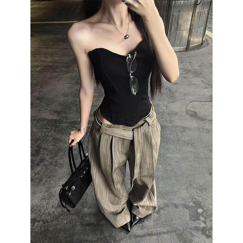 美式复古卡其色条纹褶皱飘带西裤男女夏季新款弯刀直筒宽松阔腿裤