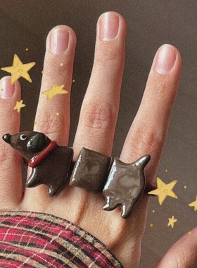 腊肠狗戒指四个戒指小狗连体创意手环大炸借炸街