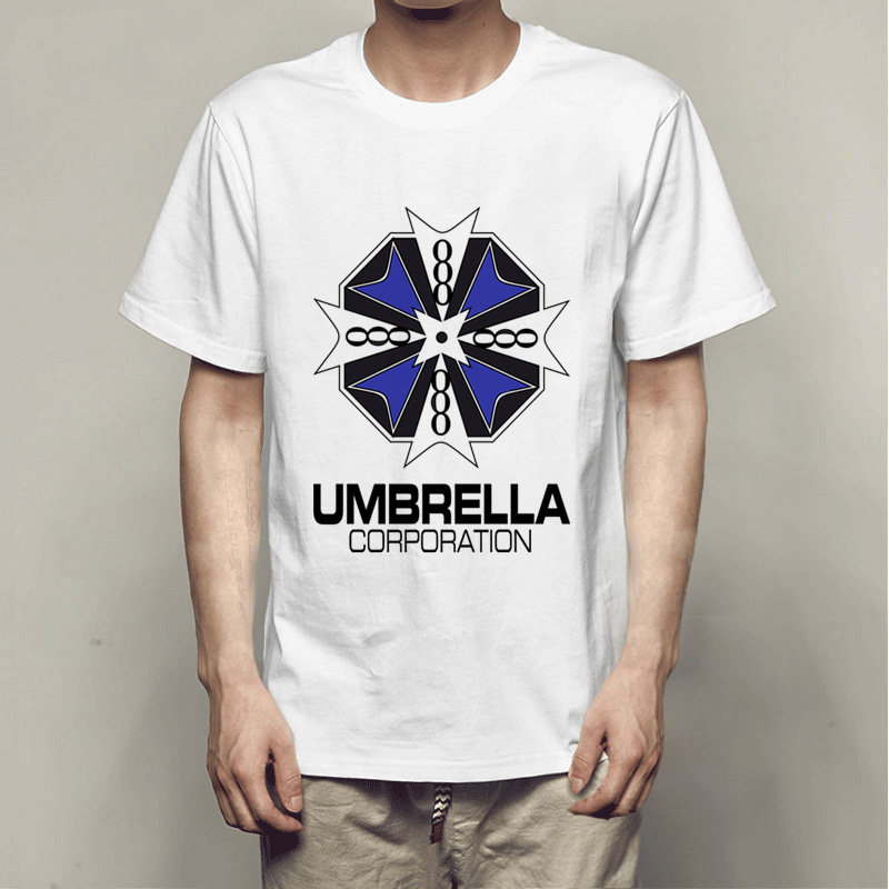 洋气上衣图案生化危机8蓝伞公司logo蓝色保护伞男装衣服短袖t恤男