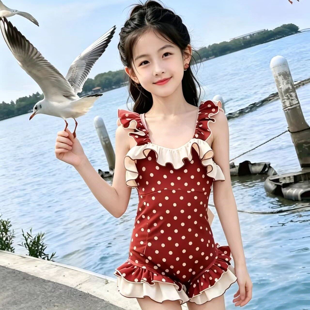 新款儿童连体游泳衣现货厂家泳衣中小童甜美波点速干女童泳装